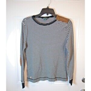Lauren Ralph Lauren Black/White Stripe Long Sleeve Elbow Patch Top Size Large